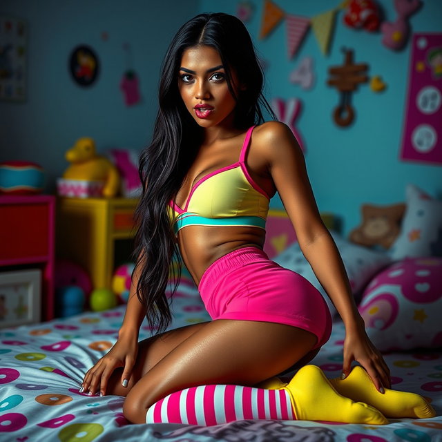 Eighteen-year-old tan Latina Arab elegant model with dark very long brunette hair, exhibiting a very petite and skinny figure, busty with a small cute round butt