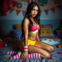 Eighteen-year-old tan Latina Arab elegant model with dark very long brunette hair, showcasing a very petite and skinny figure, busty with a small cute round butt