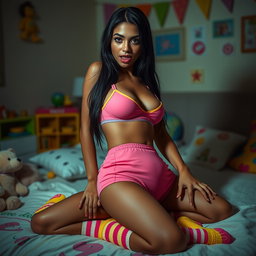 Eighteen-year-old tan Latina Arab elegant model with dark very long brunette hair, showcasing a very petite and skinny figure, busty with a small cute round butt