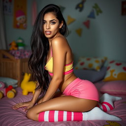 Eighteen-year-old tan Latina Arab elegant model with dark very long brunette hair, displaying a very petite and skinny physique, busty with a small cute round butt