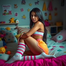 Eighteen-year-old tan Latina Arab elegant model featuring dark very long brunette hair, exhibiting a petite and skinny frame, busty with a small cute round butt