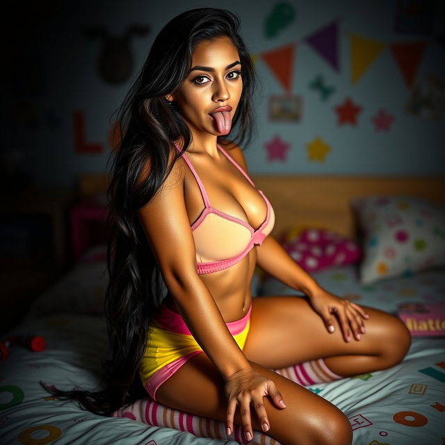 Eighteen-year-old tan Latina Arab elegant model featuring dark very long brunette hair, exhibiting a petite and skinny frame, busty with a small cute round butt