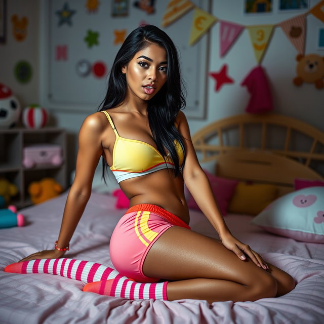 Eighteen-year-old tan Latina Arab elegant model with dark very long brunette hair, featuring a petite and skinny physique, busty with a small cute round butt