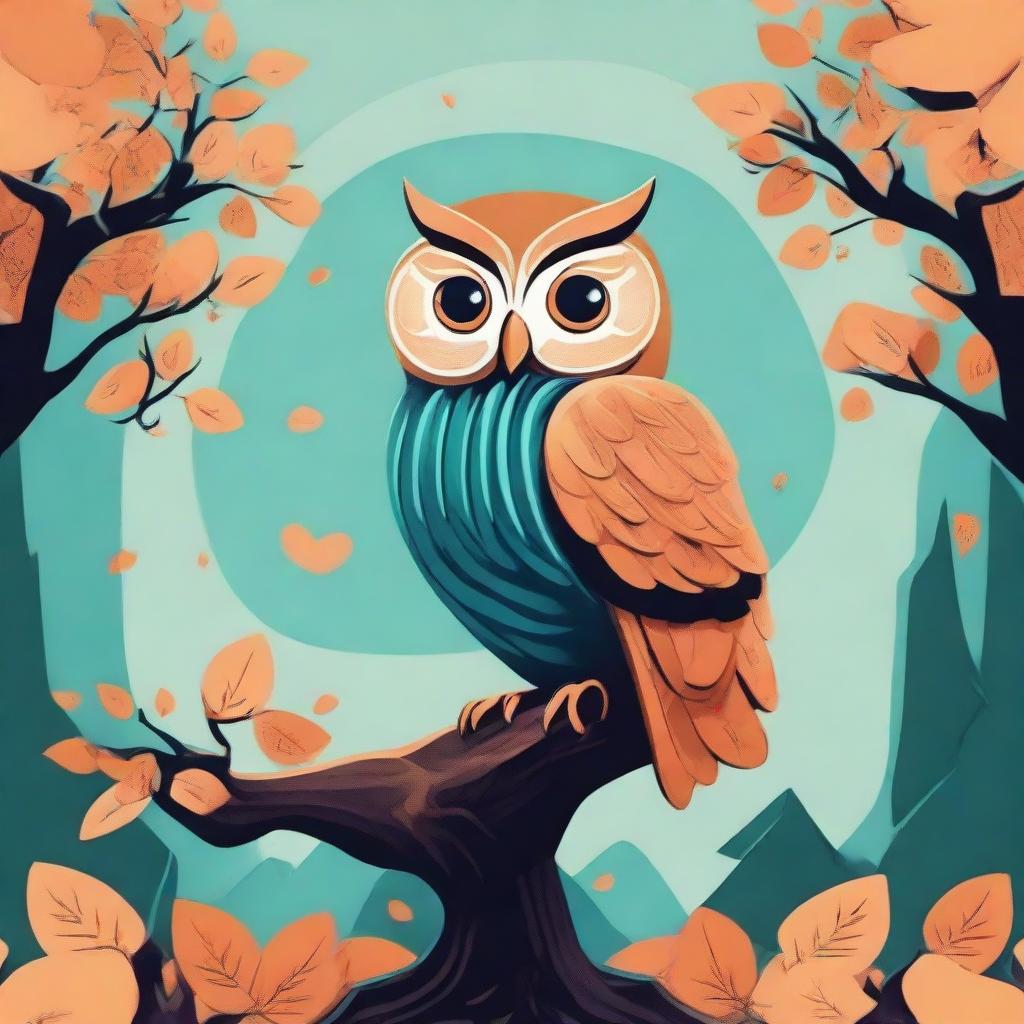 Depict the concept of psychology symbolised within a serene natural setting, such as a wise owl perched on a brain-shaped tree or thoughts visualized as leaves cascading from a tree.