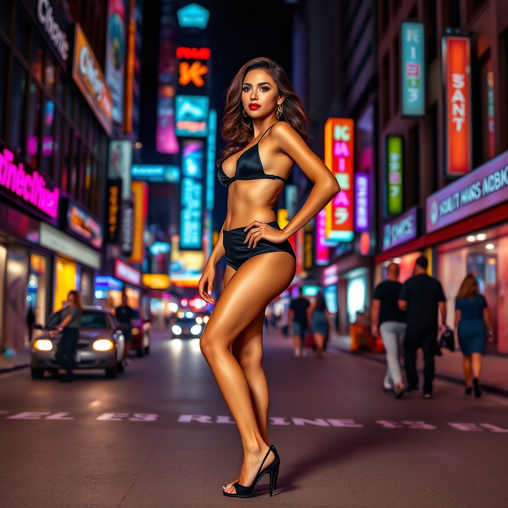 A confident and alluring woman standing on a bustling city street at night, dressed in glamorous, revealing attire