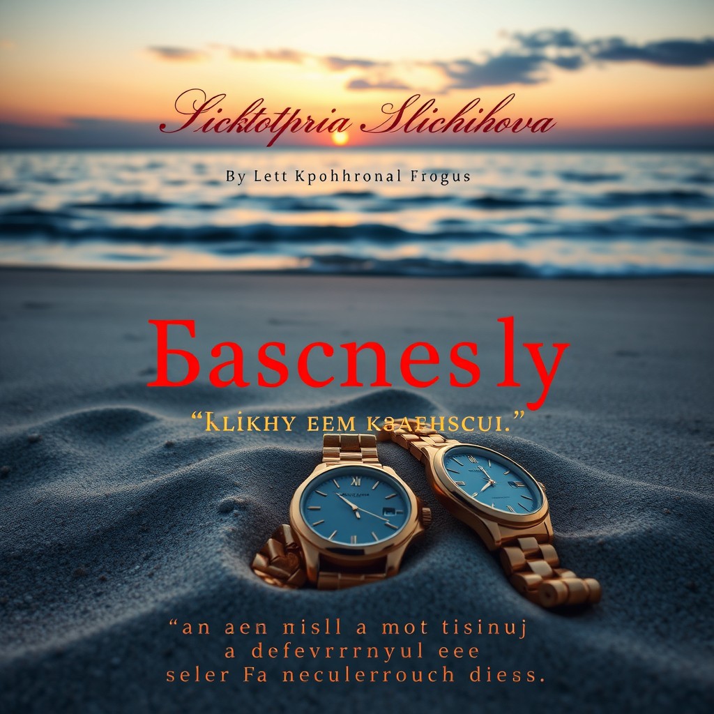 A beach scene featuring a serene ocean at sunset, with beautiful golden women's watches lying in the sand