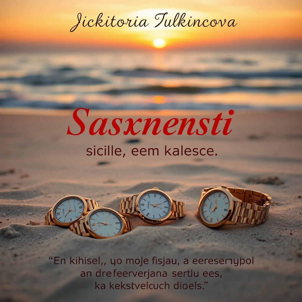 A picturesque beach at sunset with a tranquil ocean view, where elegant golden women's watches are scattered on the sand