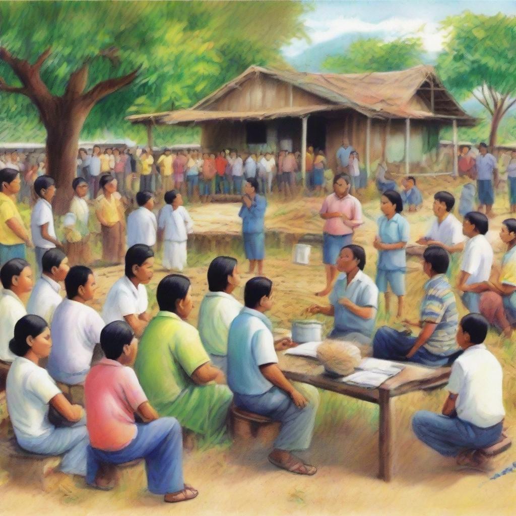 A detailed depiction of a rural Filipino barangay, with community members attentively participating in a local meeting, addressing issues such as community clean-up and maintenance, symbolizing the common recent community concerns.