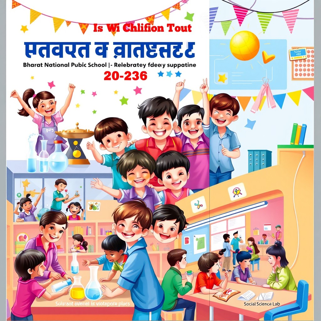 A vibrant and lively cover page for a school magazine titled 'Bharat National Public School 2025-26'