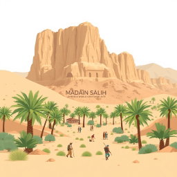 A high-resolution photo-style illustration of AlUla’s stunning landscape, prominently featuring Madâin Sâlih, a UNESCO World Heritage Site