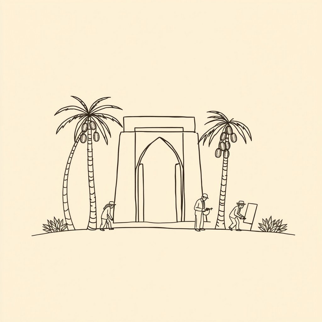 A professional doodle-style illustration tailored for a corporate presentation, featuring a simple sketch of AlUla’s landscape