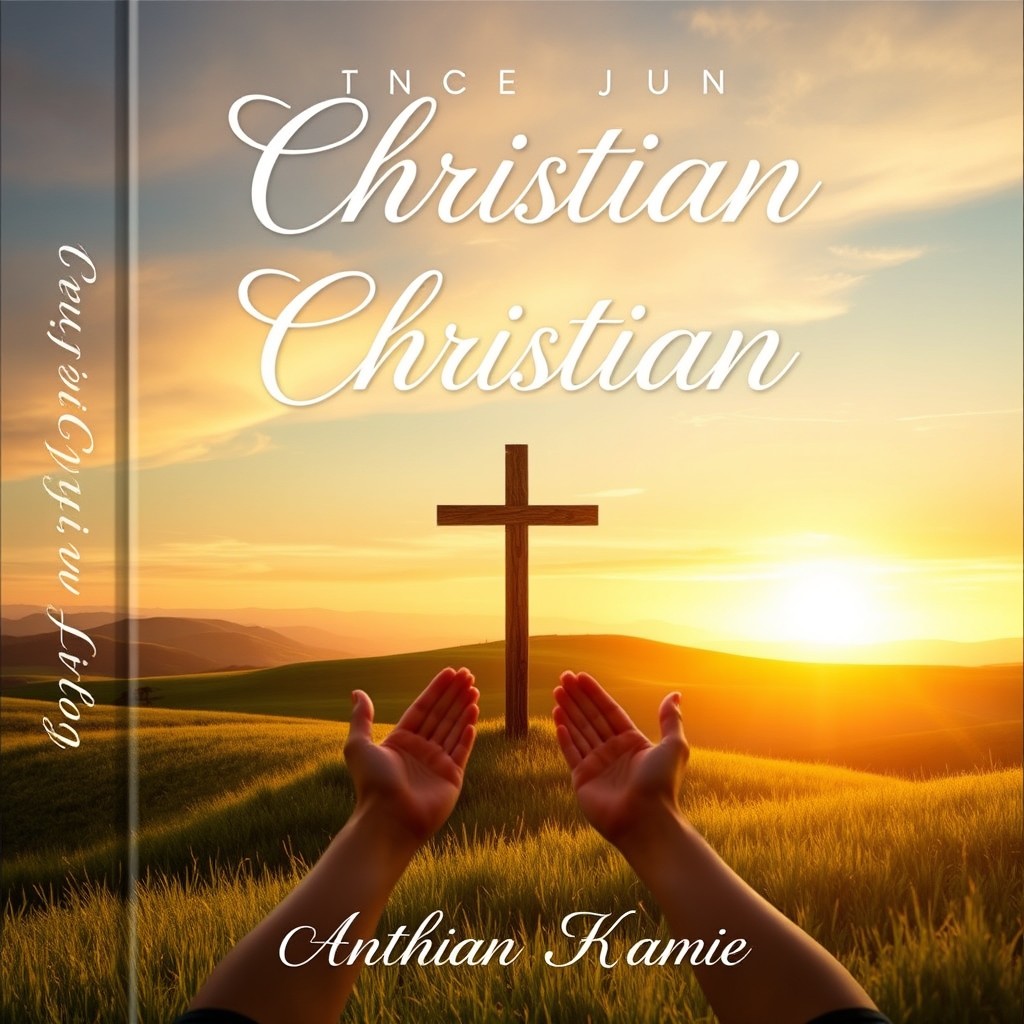A beautifully designed cover for a Christian book, featuring a serene landscape with a glowing sunset illuminating rolling hills, a wooden cross standing proudly at the forefront