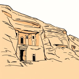A professional doodle-style illustration created for a corporate presentation, featuring a simple sketch of Madâin Sâlih, Saudi Arabia’s first UNESCO World Heritage Site, intricately carved into sandstone cliffs
