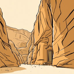 A professional doodle-style illustration created for a corporate presentation, featuring a simple sketch of Madâin Sâlih, Saudi Arabia’s first UNESCO World Heritage Site, intricately carved into sandstone cliffs