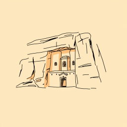 A professional doodle-style illustration created for a corporate presentation, featuring a simple sketch of Madâin Sâlih, Saudi Arabia’s first UNESCO World Heritage Site, intricately carved into sandstone cliffs