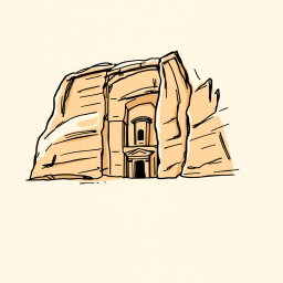 A professional doodle-style illustration created for a corporate presentation, featuring a simple sketch of Madâin Sâlih, Saudi Arabia’s first UNESCO World Heritage Site, intricately carved into sandstone cliffs