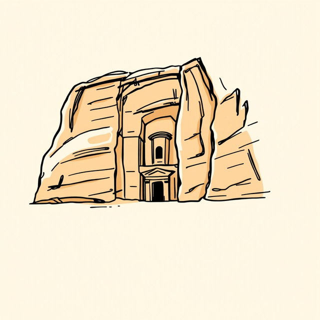 A professional doodle-style illustration created for a corporate presentation, featuring a simple sketch of Madâin Sâlih, Saudi Arabia’s first UNESCO World Heritage Site, intricately carved into sandstone cliffs