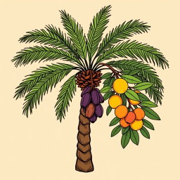 A professional doodle-style illustration designed for a corporate presentation, depicting a palm tree adorned with a hanging cluster of dates beside a branch of vibrant citrus fruits