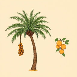 A professional doodle-style illustration designed for a corporate presentation, depicting a palm tree adorned with a hanging cluster of dates beside a branch of vibrant citrus fruits