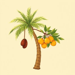 A professional doodle-style illustration designed for a corporate presentation, depicting a palm tree adorned with a hanging cluster of dates beside a branch of vibrant citrus fruits
