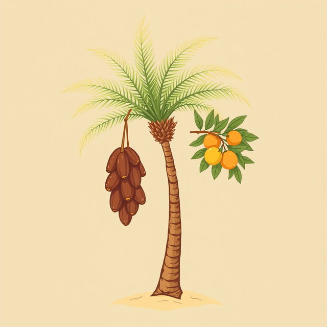 A professional doodle-style illustration designed for a corporate presentation, depicting a palm tree adorned with a hanging cluster of dates beside a branch of vibrant citrus fruits