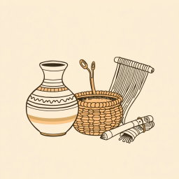 A professional doodle-style illustration designed for a corporate presentation, depicting a pottery vase, a woven basket, and artisan tools like a loom and hand-carved patterns