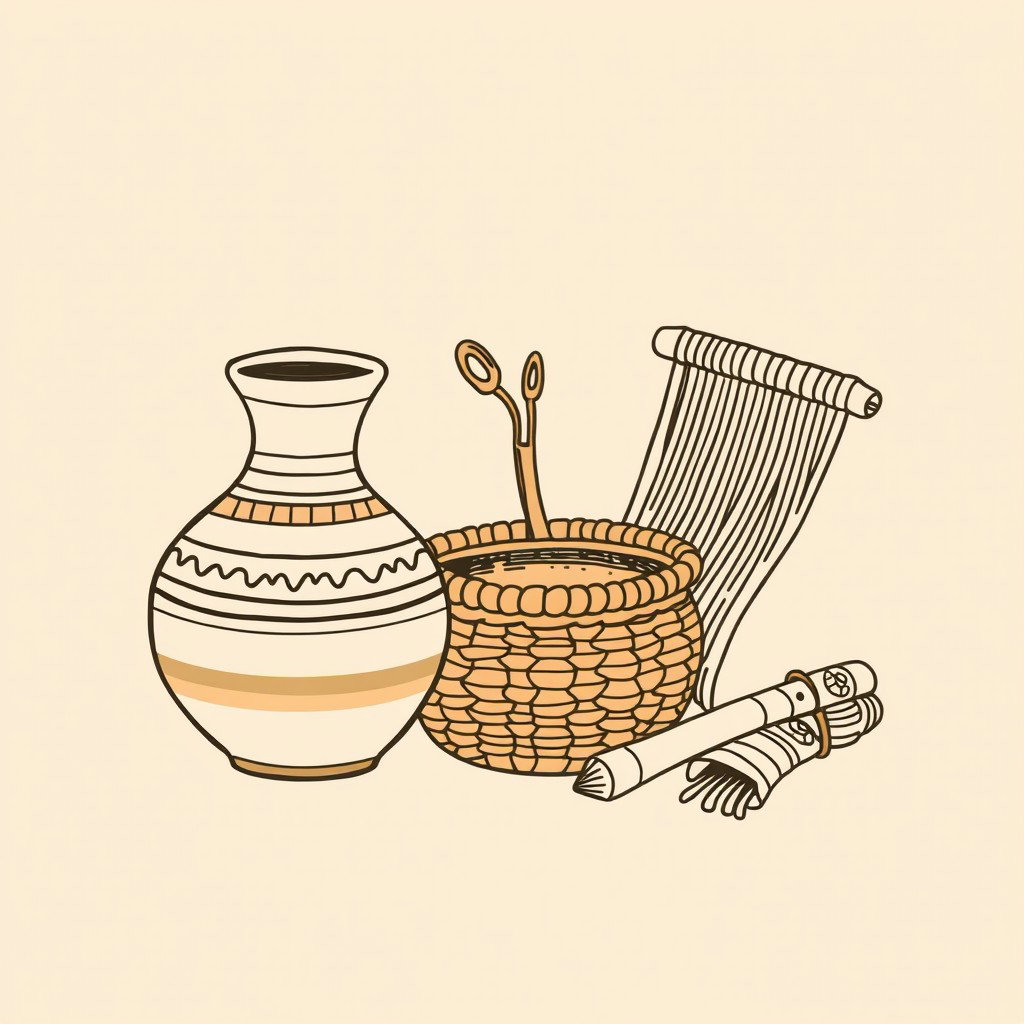 A professional doodle-style illustration designed for a corporate presentation, depicting a pottery vase, a woven basket, and artisan tools like a loom and hand-carved patterns