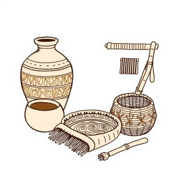 A professional doodle-style illustration designed for a corporate presentation, depicting a pottery vase, a woven basket, and artisan tools like a loom and hand-carved patterns