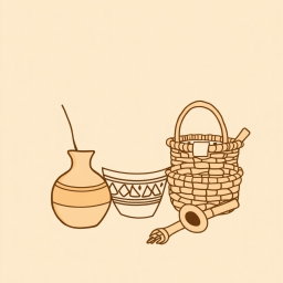 A professional doodle-style illustration designed for a corporate presentation, depicting a pottery vase, a woven basket, and artisan tools like a loom and hand-carved patterns