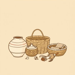 A professional doodle-style illustration designed for a corporate presentation, depicting a pottery vase, a woven basket, and artisan tools like a loom and hand-carved patterns
