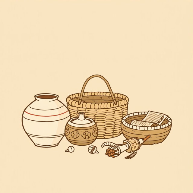A professional doodle-style illustration designed for a corporate presentation, depicting a pottery vase, a woven basket, and artisan tools like a loom and hand-carved patterns