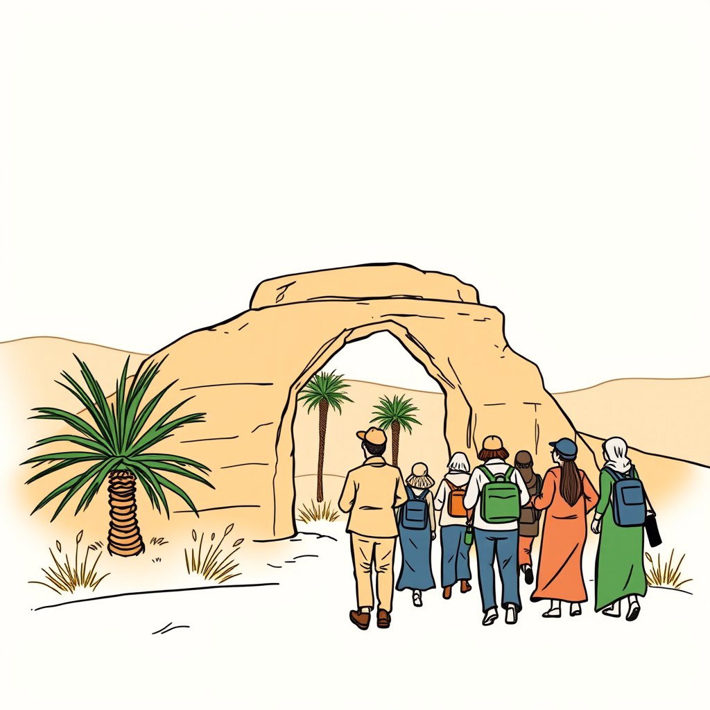 A professional doodle-style illustration tailored for a corporate presentation, depicting a tour guide leading visitors beside a sandstone arch, with palm trees gracefully set in the background