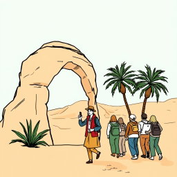 A professional doodle-style illustration tailored for a corporate presentation, depicting a tour guide leading visitors beside a sandstone arch, with palm trees gracefully set in the background