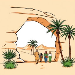 A professional doodle-style illustration tailored for a corporate presentation, depicting a tour guide leading visitors beside a sandstone arch, with palm trees gracefully set in the background