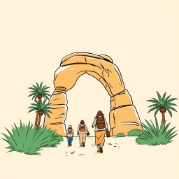 A professional doodle-style illustration tailored for a corporate presentation, depicting a tour guide leading visitors beside a sandstone arch, with palm trees gracefully set in the background