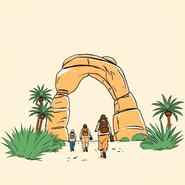 A professional doodle-style illustration tailored for a corporate presentation, depicting a tour guide leading visitors beside a sandstone arch, with palm trees gracefully set in the background