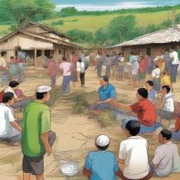 A detailed depiction of a rural Filipino barangay, with community members attentively participating in a local meeting, addressing issues such as community clean-up and maintenance, symbolizing the common recent community concerns.