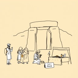 A professional doodle-style illustration created for a corporate presentation, featuring a simple sketch of a tour guide interacting with visitors, an artisan skillfully making crafts, and an event supplier setting up near a sandstone arch or tomb