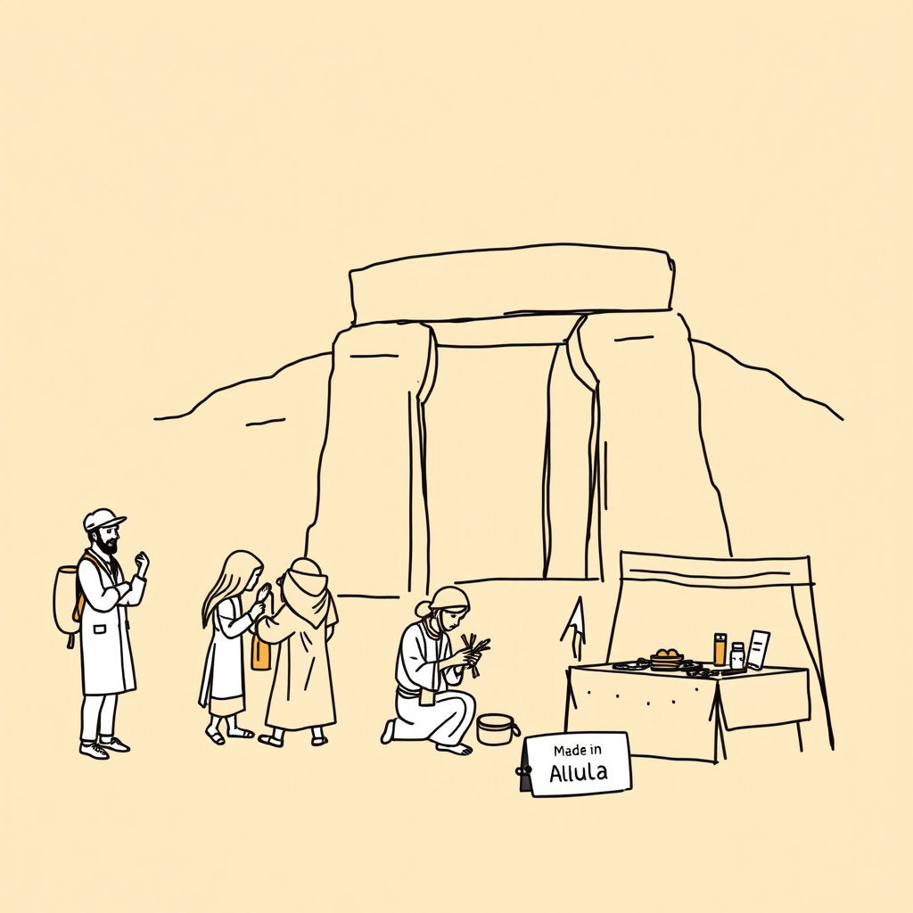 A professional doodle-style illustration created for a corporate presentation, featuring a simple sketch of a tour guide interacting with visitors, an artisan skillfully making crafts, and an event supplier setting up near a sandstone arch or tomb