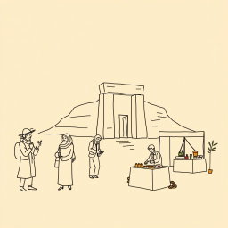 A professional doodle-style illustration created for a corporate presentation, featuring a simple sketch of a tour guide interacting with visitors, an artisan skillfully making crafts, and an event supplier setting up near a sandstone arch or tomb