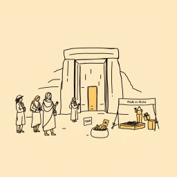 A professional doodle-style illustration created for a corporate presentation, featuring a simple sketch of a tour guide interacting with visitors, an artisan skillfully making crafts, and an event supplier setting up near a sandstone arch or tomb