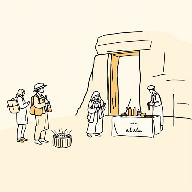 A professional doodle-style illustration created for a corporate presentation, featuring a simple sketch of a tour guide interacting with visitors, an artisan skillfully making crafts, and an event supplier setting up near a sandstone arch or tomb