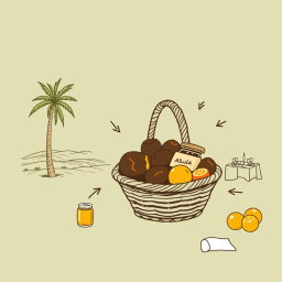 A professional doodle-style illustration created for a corporate presentation, featuring a basket filled with AlUla dates, a honey jar, and citrus fruits