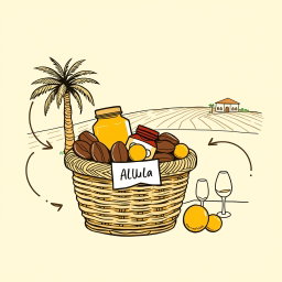 A professional doodle-style illustration created for a corporate presentation, featuring a basket filled with AlUla dates, a honey jar, and citrus fruits