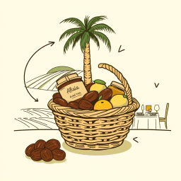 A professional doodle-style illustration created for a corporate presentation, featuring a basket filled with AlUla dates, a honey jar, and citrus fruits