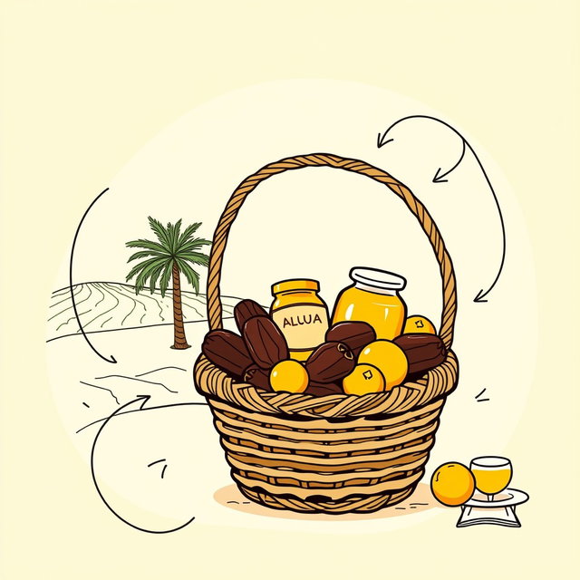 A professional doodle-style illustration created for a corporate presentation, featuring a basket filled with AlUla dates, a honey jar, and citrus fruits