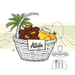 A professional doodle-style illustration created for a corporate presentation, showcasing a basket filled with AlUla dates, a honey jar, and citrus fruits