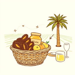 A professional doodle-style illustration created for a corporate presentation, showcasing a basket filled with AlUla dates, a honey jar, and citrus fruits