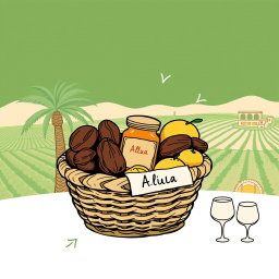 A professional doodle-style illustration created for a corporate presentation, showcasing a basket filled with AlUla dates, a honey jar, and citrus fruits