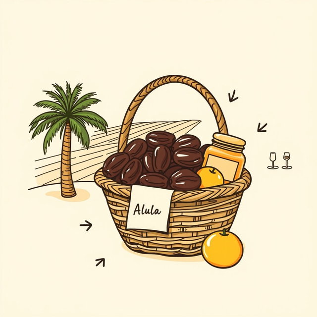 A professional doodle-style illustration created for a corporate presentation, showcasing a basket filled with AlUla dates, a honey jar, and citrus fruits